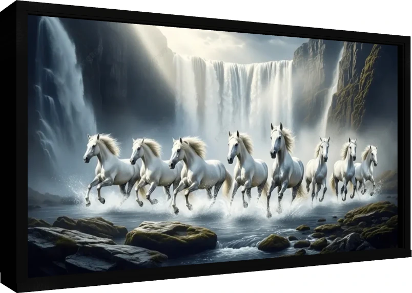 Seven majestic white horses galloping through splashing water with a massive waterfall and sunbeams in the background. — floater frame preview | PrintPosters.in